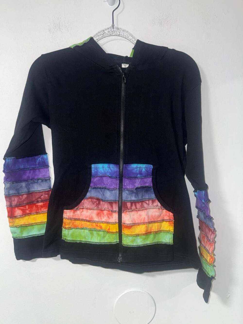 Rainbow Sleeves Black Hooded Jacket Size M